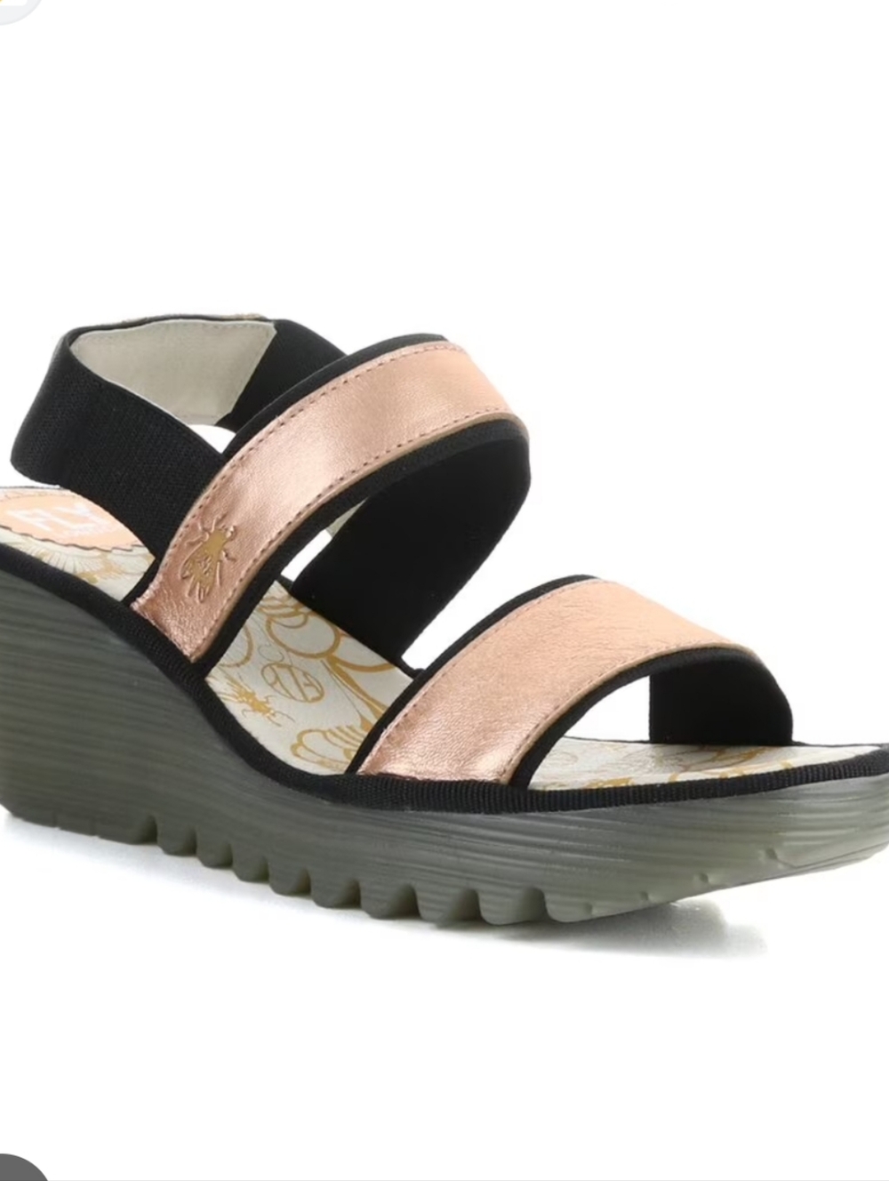 Fly London Yaco Platform Wedge Sandal blush gold metallic leather. . Size 7-7.5